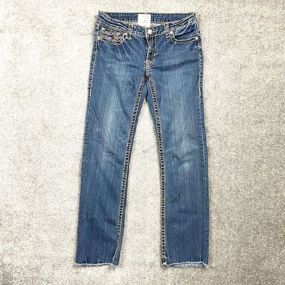 LA Idol Women’s Size 11 Light Wash Denim Straight Leg Jeans Distressed Hem - Picture 1 of 6
